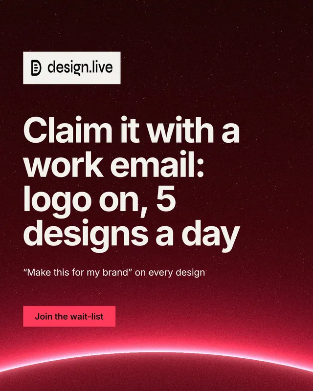 Instagram portrait post for design.live: "Claim it with a work email: logo on, 5 designs a day". Swiss style, announce layout, dark palette in black, red, grey.