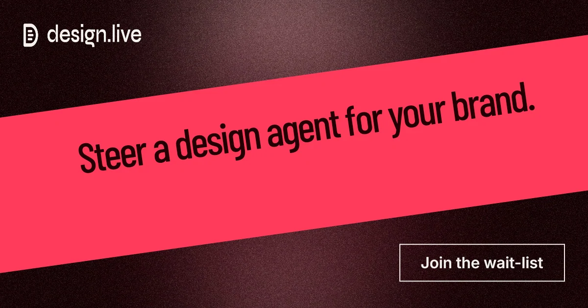 Social ad for design.live: "Steer a design agent for your brand." Dark deco style, diagonal layout, dark palette in red, black.
