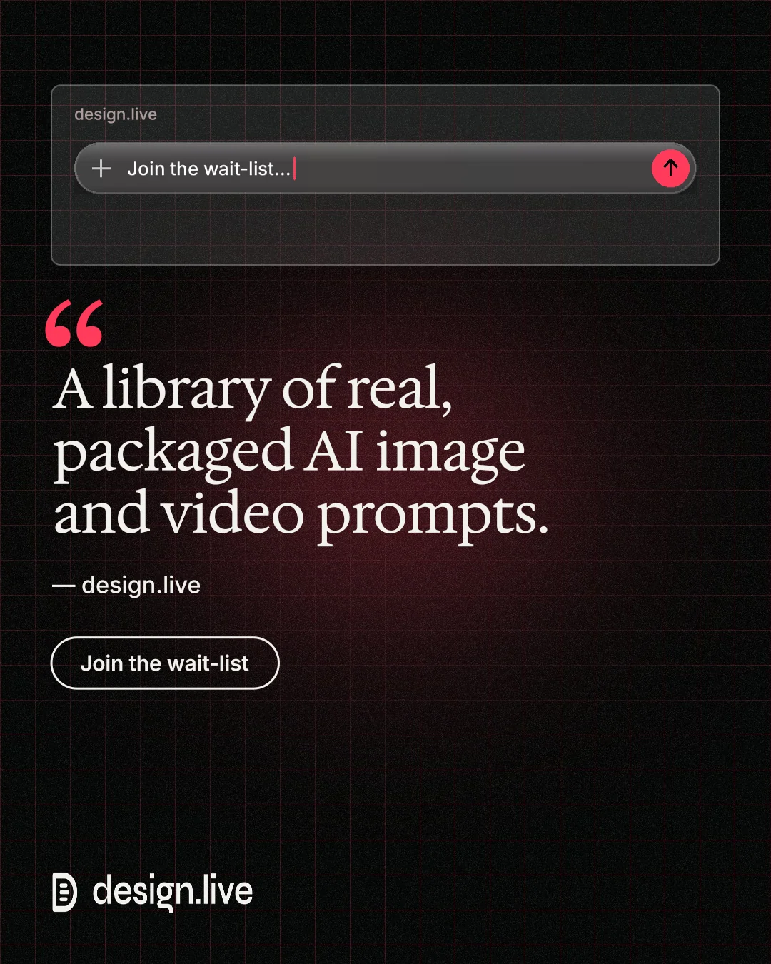 Instagram portrait post for design.live: "A library of real, packaged AI image and video prompts." Phosphor atlas style, quote layout, dark palette in black, grey.