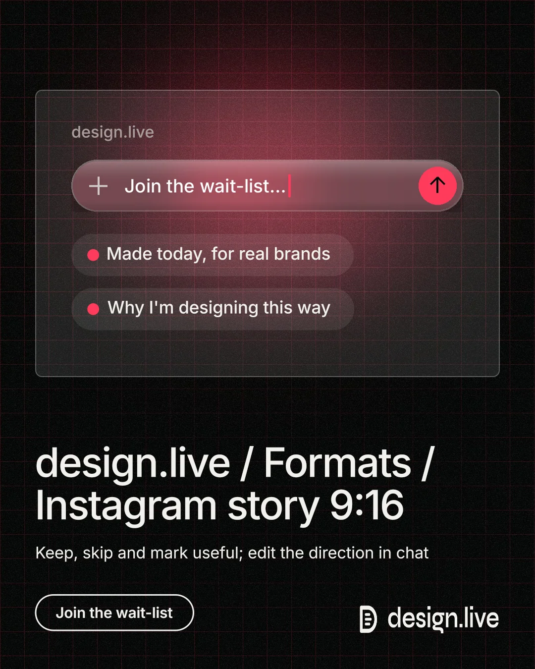 Instagram portrait post for design.live: "design.live / Formats / Instagram story 9:16". Phosphor atlas style, bottom layout, dark palette in black, grey.