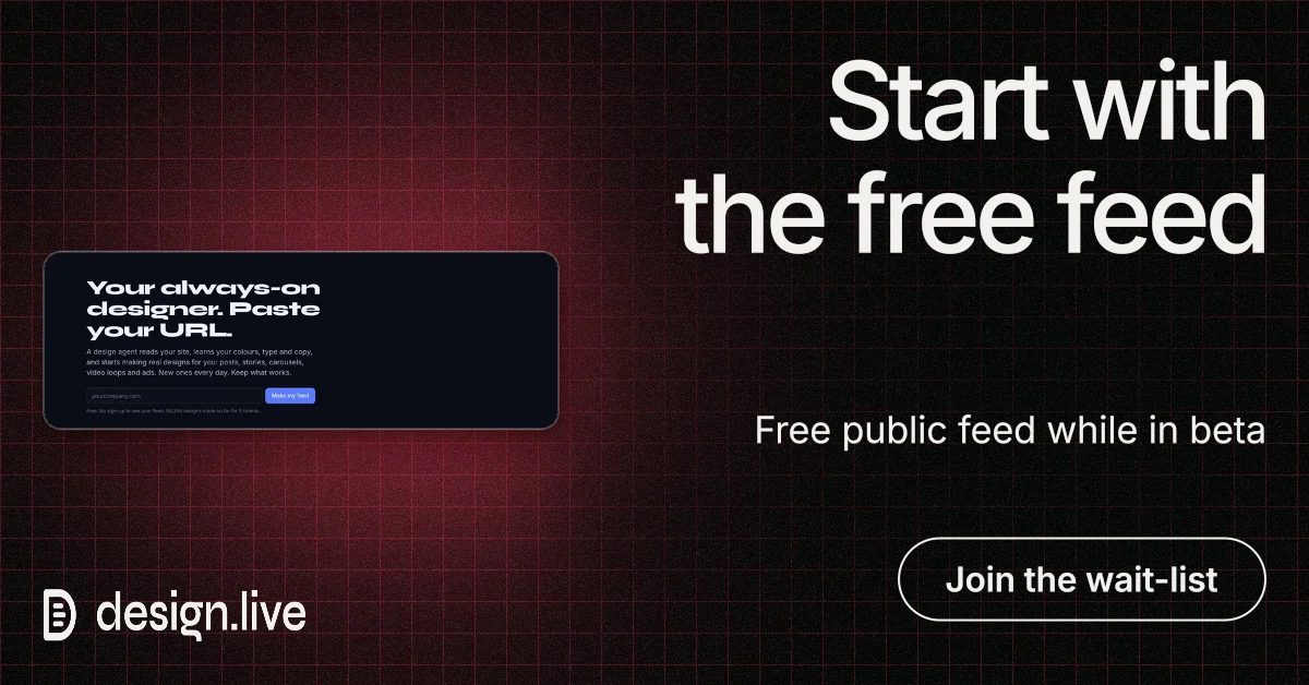 Social ad for design.live: "Start with the free feed". Phosphor atlas style, right layout, dark palette in black, grey.