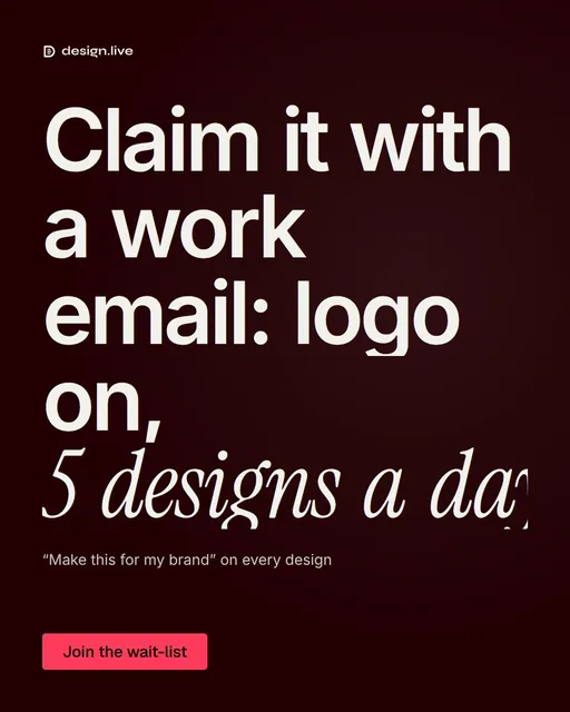 Video for design.live: "Claim it with a work email: logo on, 5 designs a day". Doc motion loop, 8.0 s, dark palette.