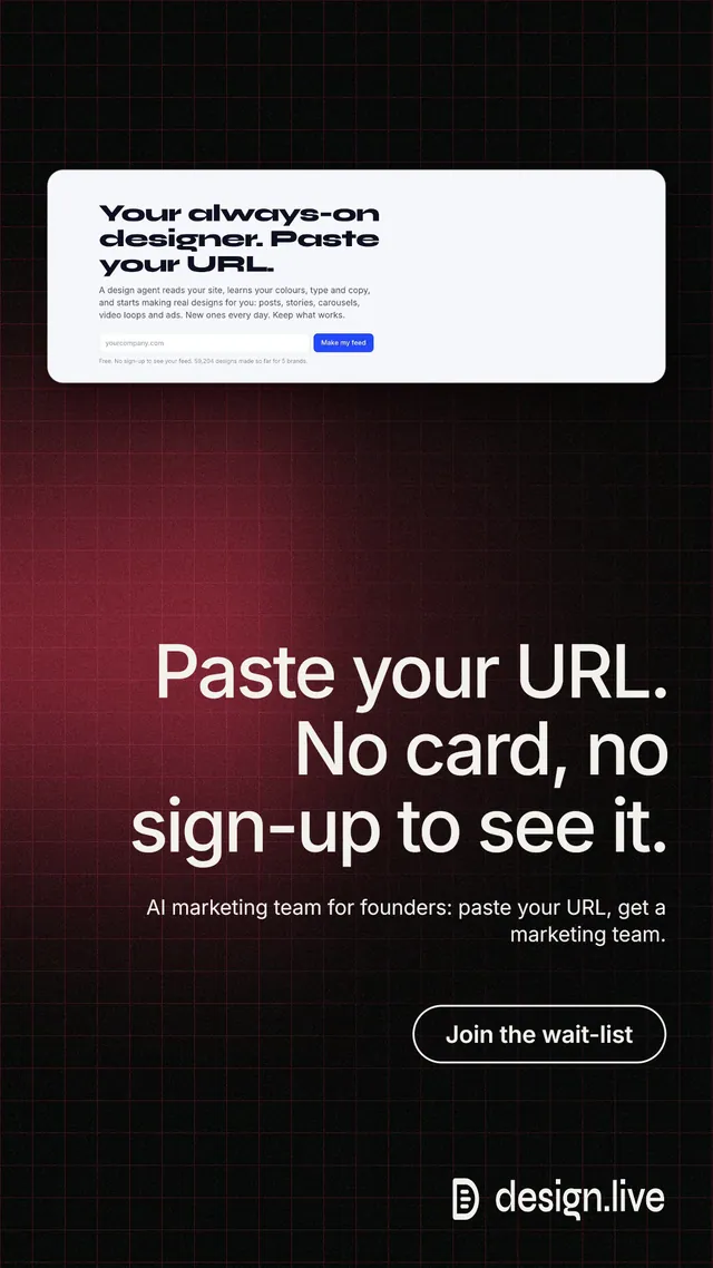 Instagram story for design.live: "Paste your URL. No card, no sign-up to see it." Phosphor atlas style, right layout, dark palette in red, black, grey.