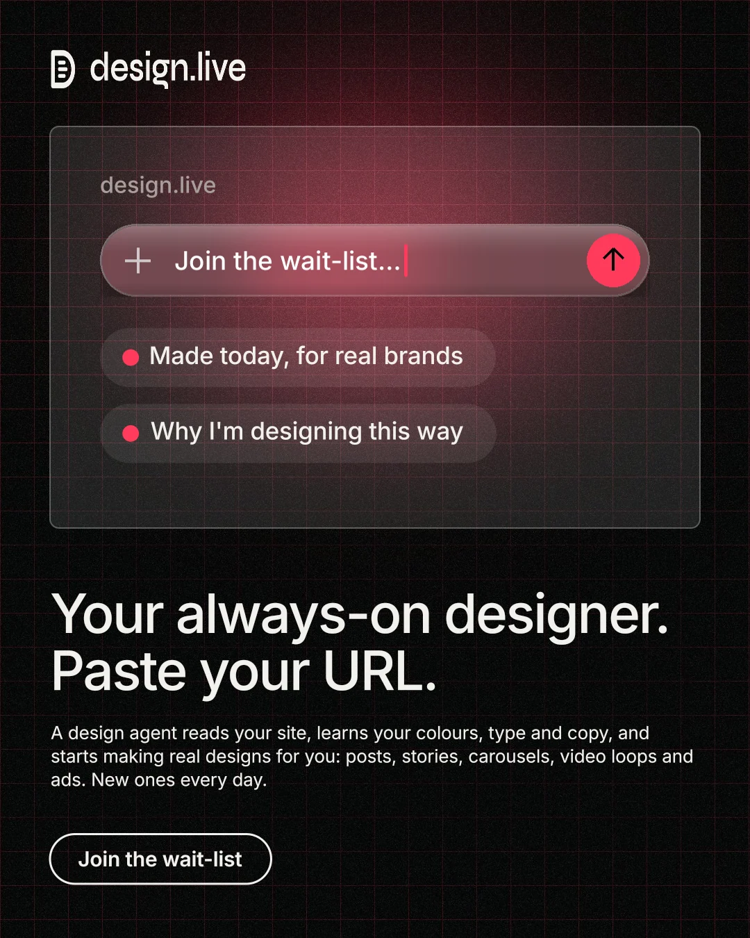 Instagram portrait post for design.live: "Your always-on designer. Paste your URL." Phosphor atlas style, bottom layout, dark palette in black, red, grey.