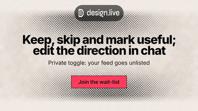 Landscape graphic for design.live: "Keep, skip and mark useful; edit the direction in chat". Ink sticker style, centred layout, light palette in orange, grey.