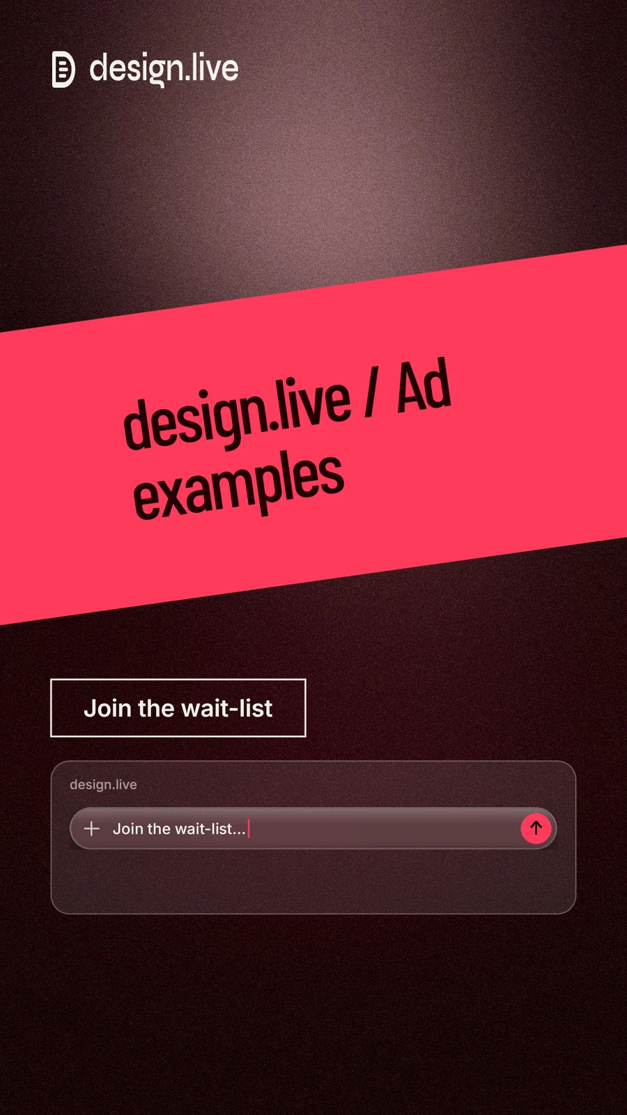 Instagram story for design.live: "design.live / Ad examples". Dark deco style, diagonal layout, dark palette in black, red.