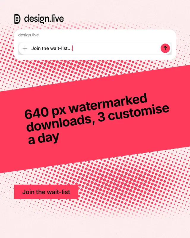 Instagram portrait post for design.live: "640 px watermarked downloads, 3 customise a day". Swiss style, diagonal layout, light palette in white, red.