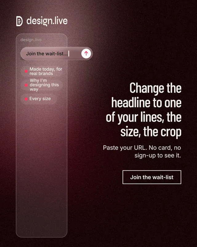 Instagram portrait post for design.live: "Change the headline to one of your lines, the size, the crop". Dark deco style, right layout, dark palette in black, red, grey.