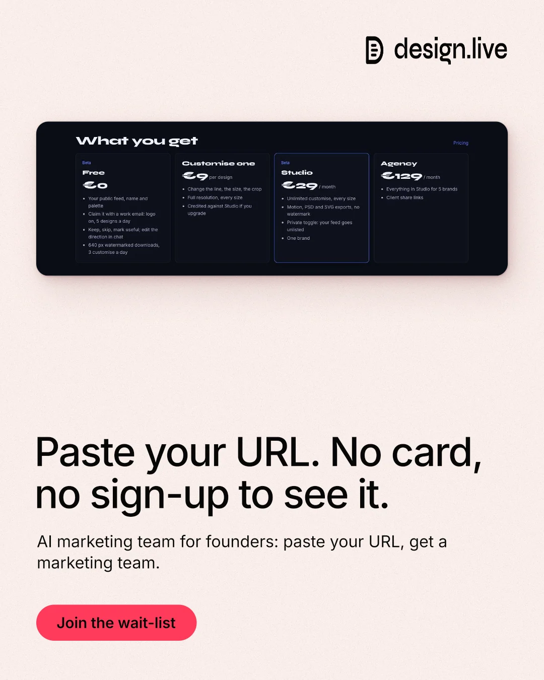 Instagram portrait post for design.live: "Paste your URL. No card, no sign-up to see it." Data card style, bottom layout, light palette in white, black, grey.