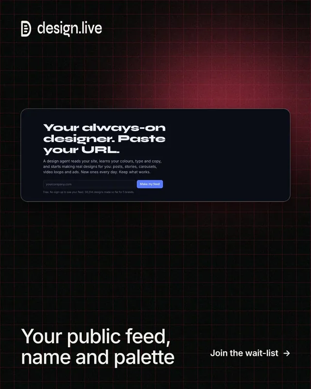 Instagram portrait post for design.live: "Your public feed, name and palette". Phosphor atlas style, image led layout, dark palette in black, grey.