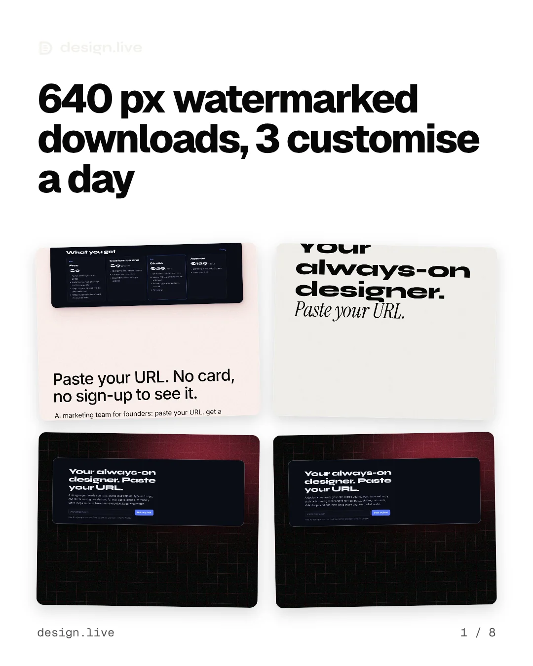 Carousel for design.live: "640 px watermarked downloads, 3 customise a day". Collection carousel, 8 slides, light palette.