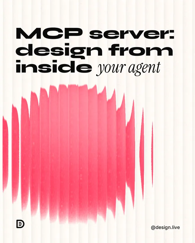 Instagram portrait post for design.live: "MCP server: design from inside your agent". Auto 4x5 style, technique:shader field layout, light palette in red, white.
