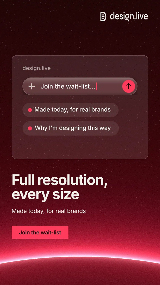 Instagram story for design.live: "Full resolution, every size". Swiss style, bottom layout, dark palette in black, red.
