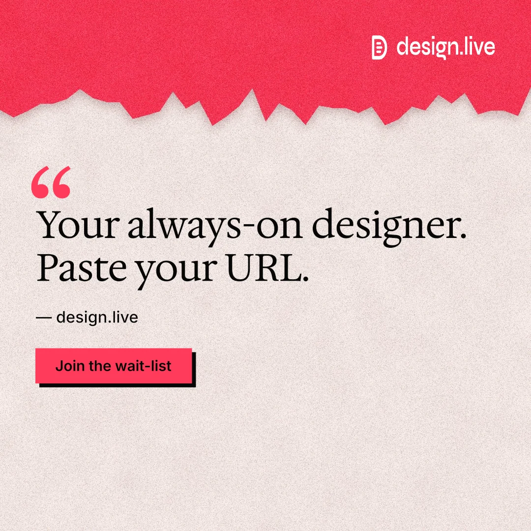 Instagram post for design.live: "Your always-on designer. Paste your URL." Paper trio style, quote layout, light palette in orange, red.