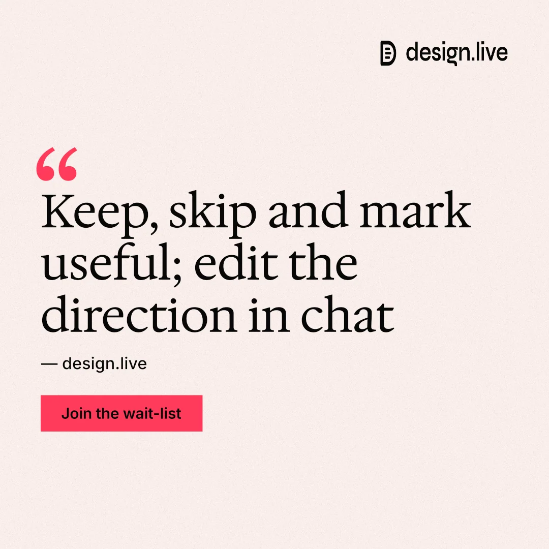 Instagram post for design.live: "Keep, skip and mark useful; edit the direction in chat". Swiss style, quote layout, light palette in white, red.