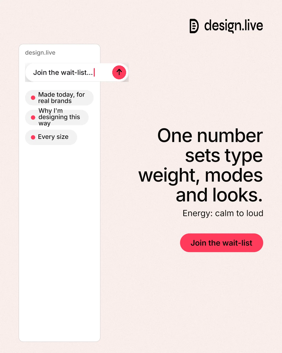Instagram portrait post for design.live: "One number sets type weight, modes and looks." Data card style, right layout, light palette in white, red.