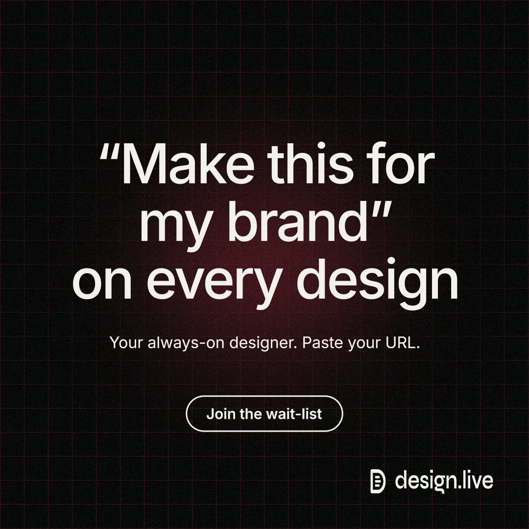 Instagram post for design.live: "“Make this for my brand” on every design". Phosphor atlas style, centred layout, dark palette in black, grey.