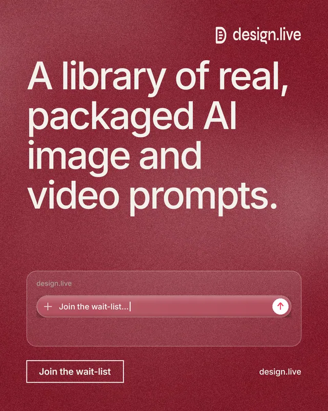 Instagram portrait post for design.live: "A library of real, packaged AI image and video prompts." Cyanotype style, poster layout, dark palette in red.