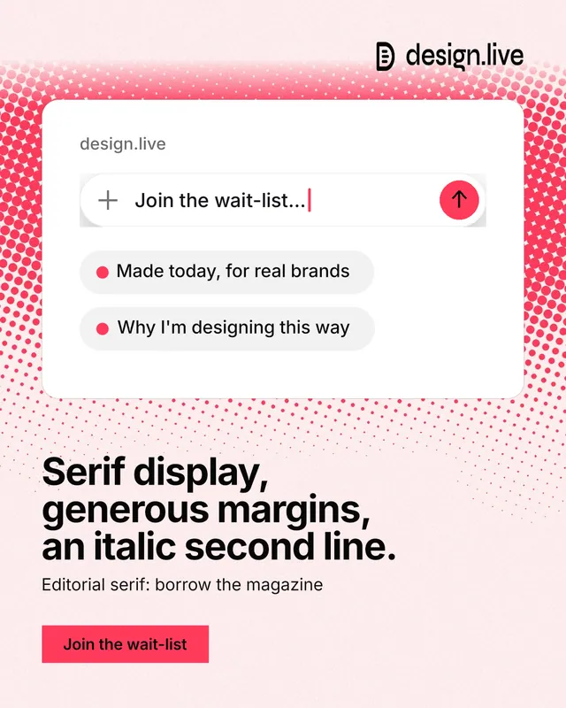 Instagram portrait post for design.live: "Serif display, generous margins, an italic second line." Swiss style, bottom layout, light palette in white, red.