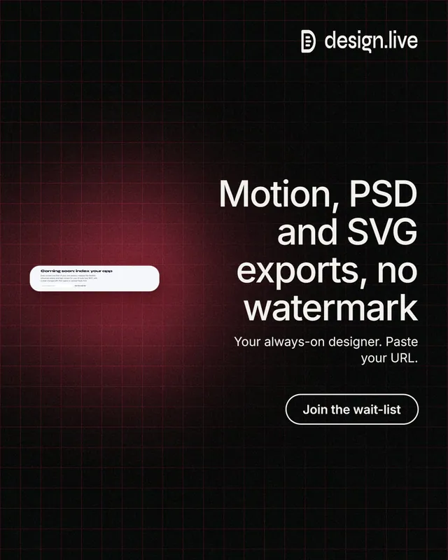 Instagram portrait post for design.live: "Motion, PSD and SVG exports, no watermark". Phosphor atlas style, right layout, dark palette in black, grey.