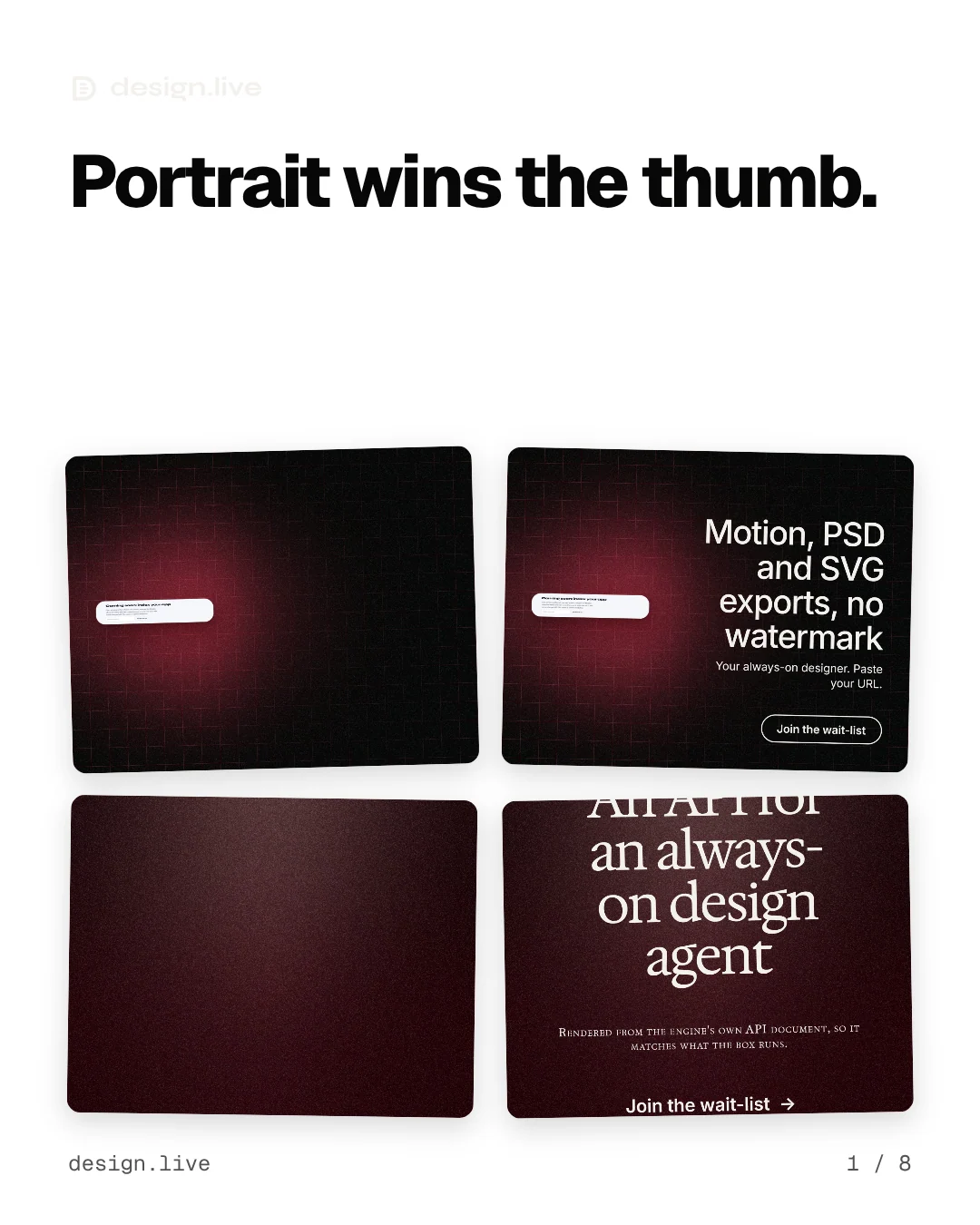 Carousel for design.live: "Portrait wins the thumb.". Collection carousel, 8 slides, light palette.