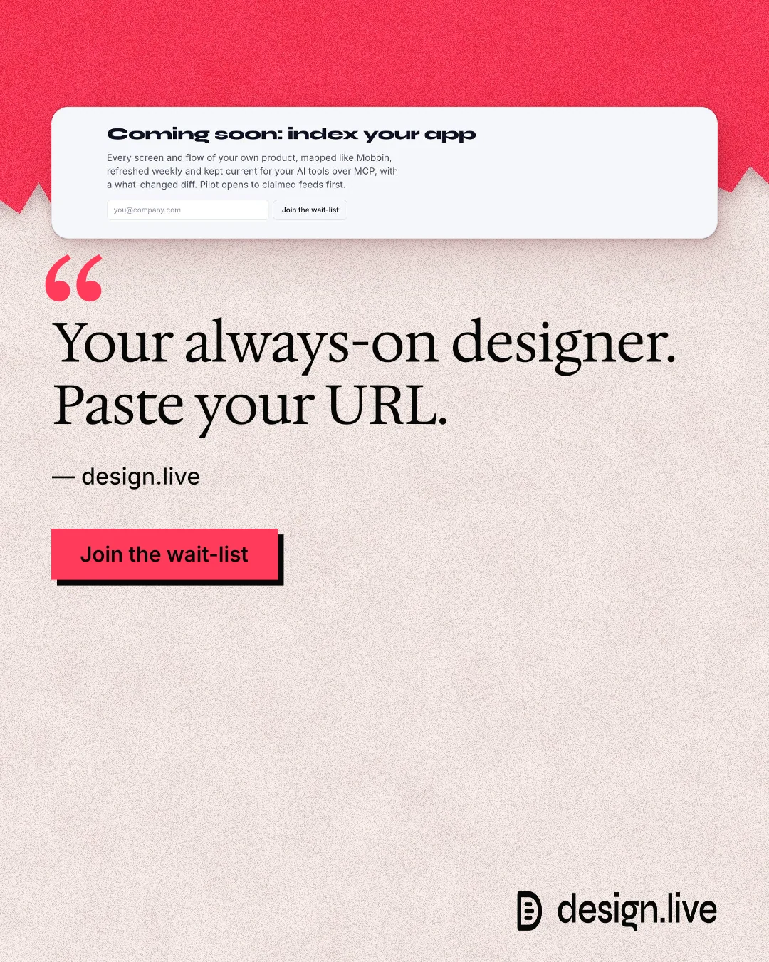 Instagram portrait post for design.live: "Your always-on designer. Paste your URL." Paper trio style, quote layout, light palette in orange, red, white.