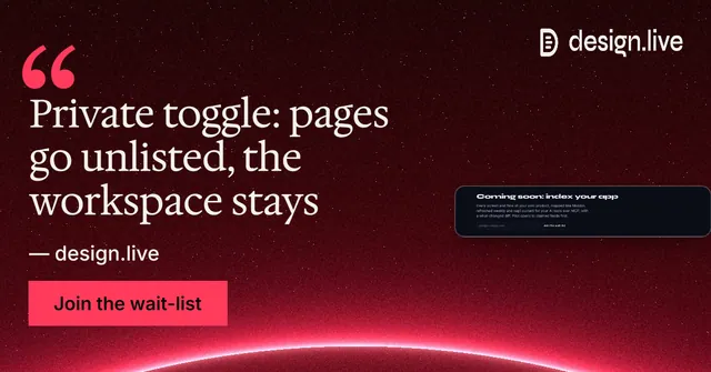 Social ad for design.live: "Private toggle: pages go unlisted, the workspace stays". Swiss style, quote layout, dark palette in black, red.