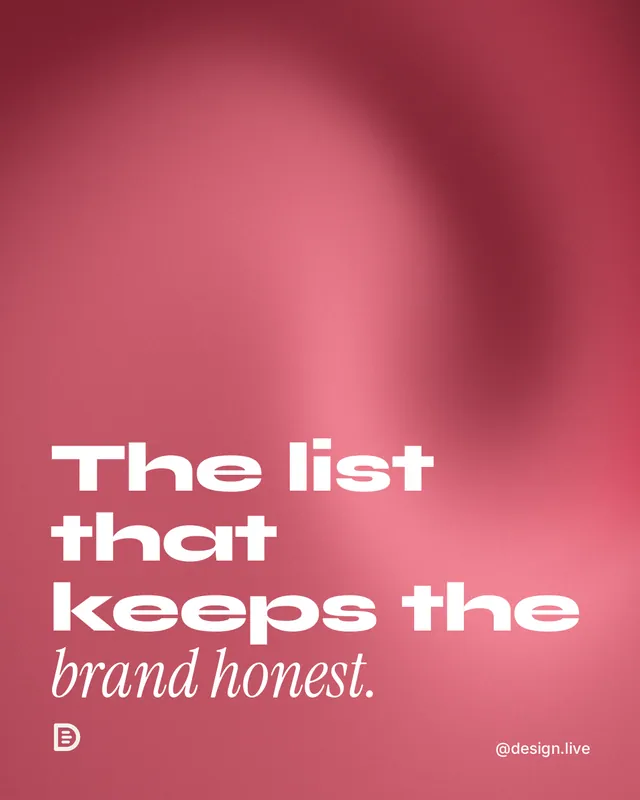 Instagram portrait post for design.live: "The list that keeps the brand honest." Auto 4x5 style, technique:shader field layout, light palette in red.
