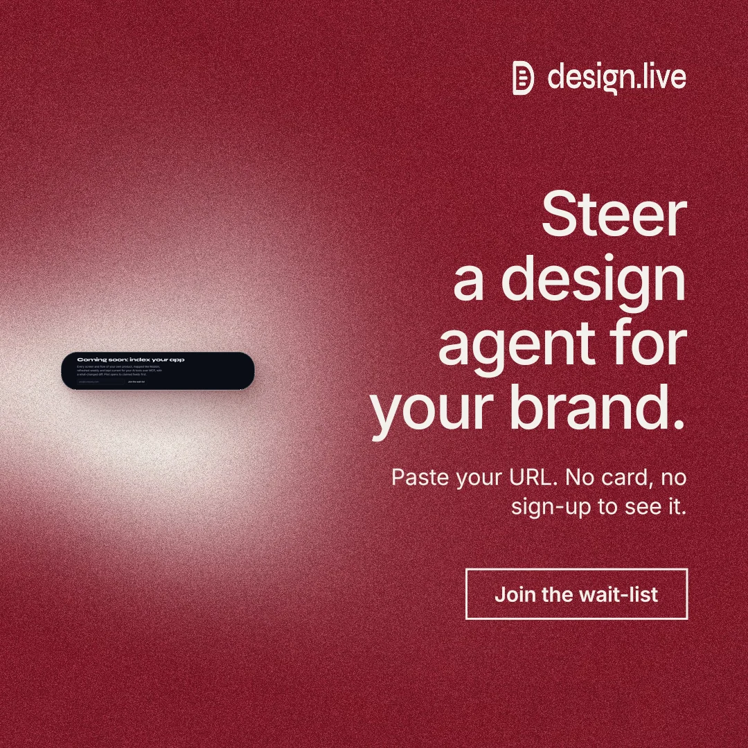 Instagram post for design.live: "Steer a design agent for your brand." Cyanotype style, right layout, dark palette in red.