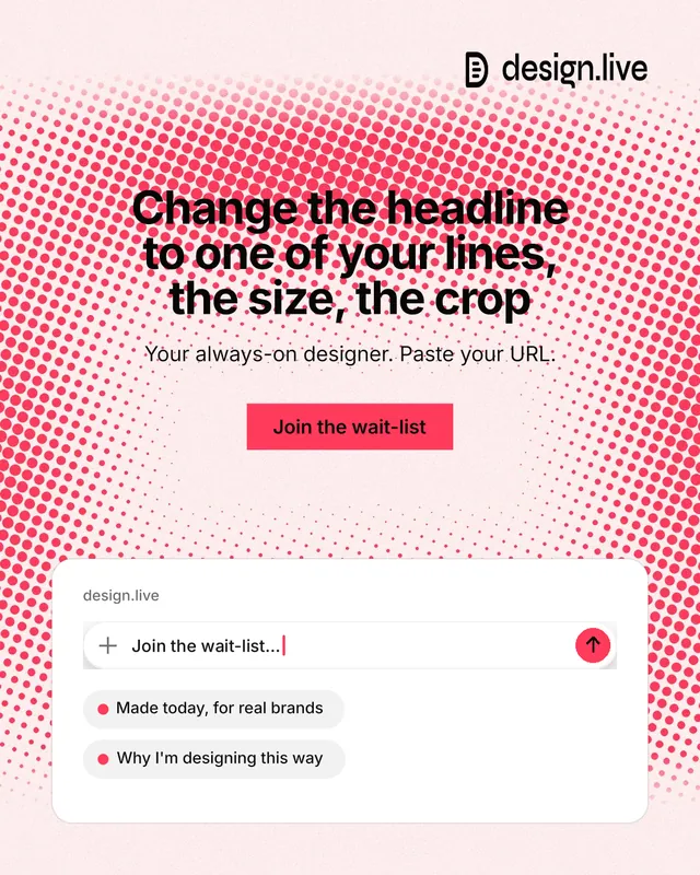 Instagram portrait post for design.live: "Change the headline to one of your lines, the size, the crop". Swiss style, centred layout, light palette in white, red.
