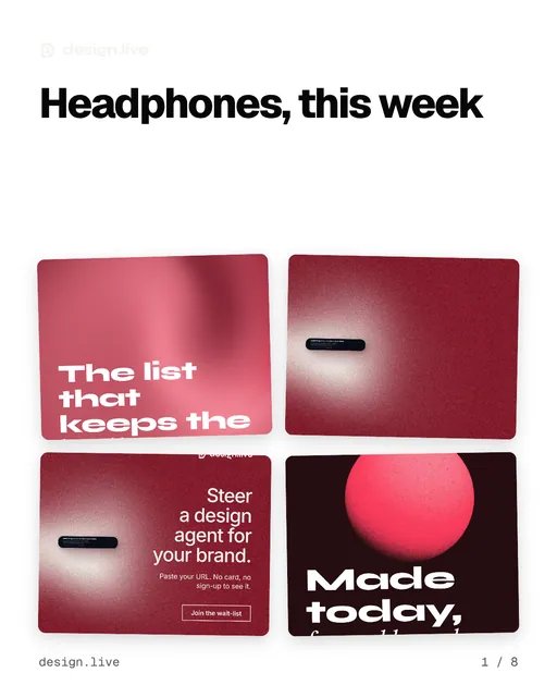 Carousel for design.live: "Headphones, this week". Collection carousel, 8 slides, light palette.