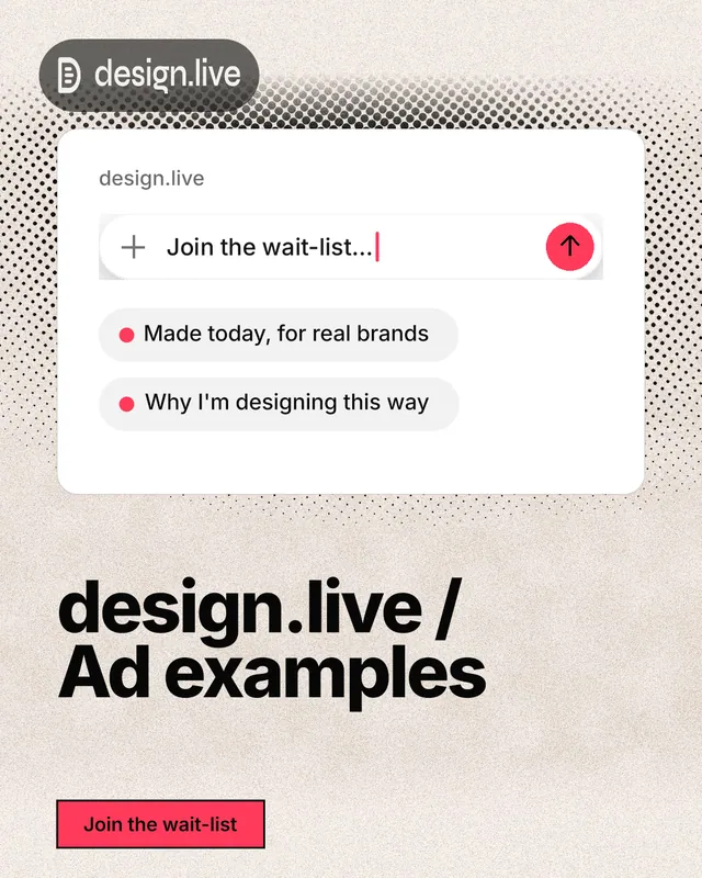 Instagram portrait post for design.live: "design.live / Ad examples". Ink sticker style, bottom layout, light palette in orange, white, grey.
