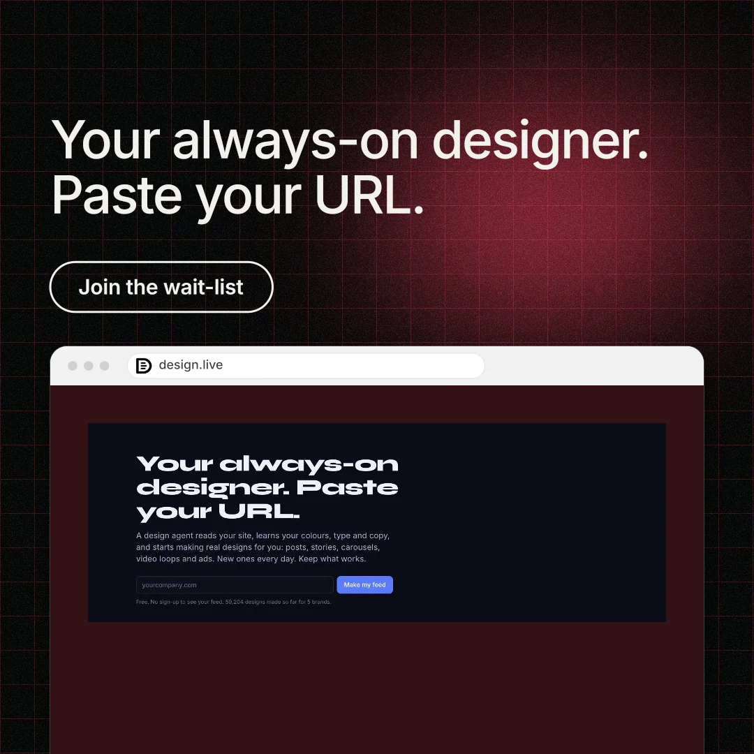 Instagram post for design.live: "Your always-on designer. Paste your URL." Phosphor atlas style, browser layout, dark palette in red, black, grey.