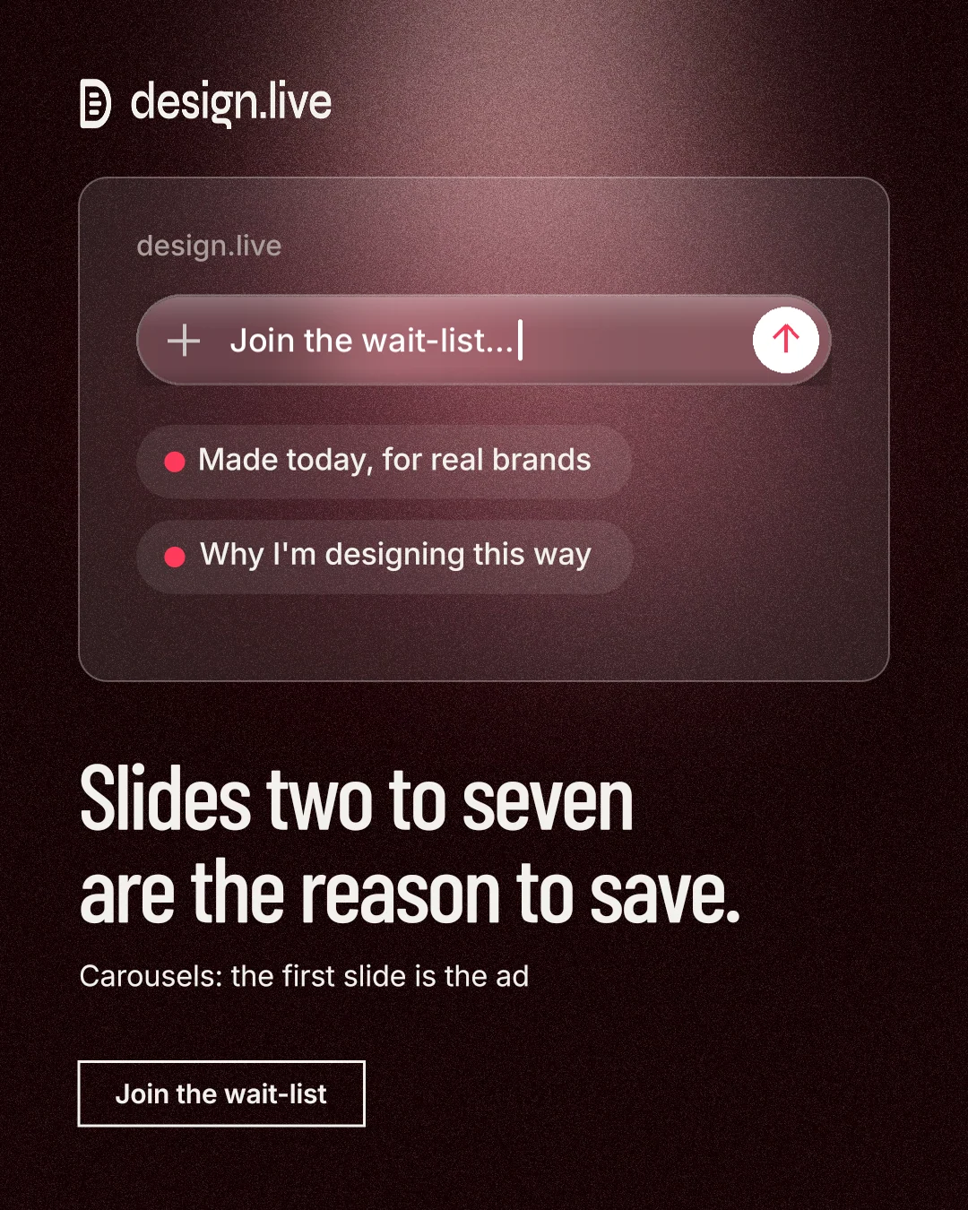 Instagram portrait post for design.live: "Slides two to seven are the reason to save." Dark deco style, bottom layout, dark palette in red, black, grey.