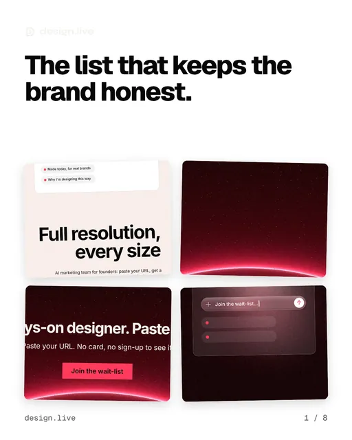 Carousel for design.live: "The list that keeps the brand honest.". Collection carousel, 8 slides, light palette.