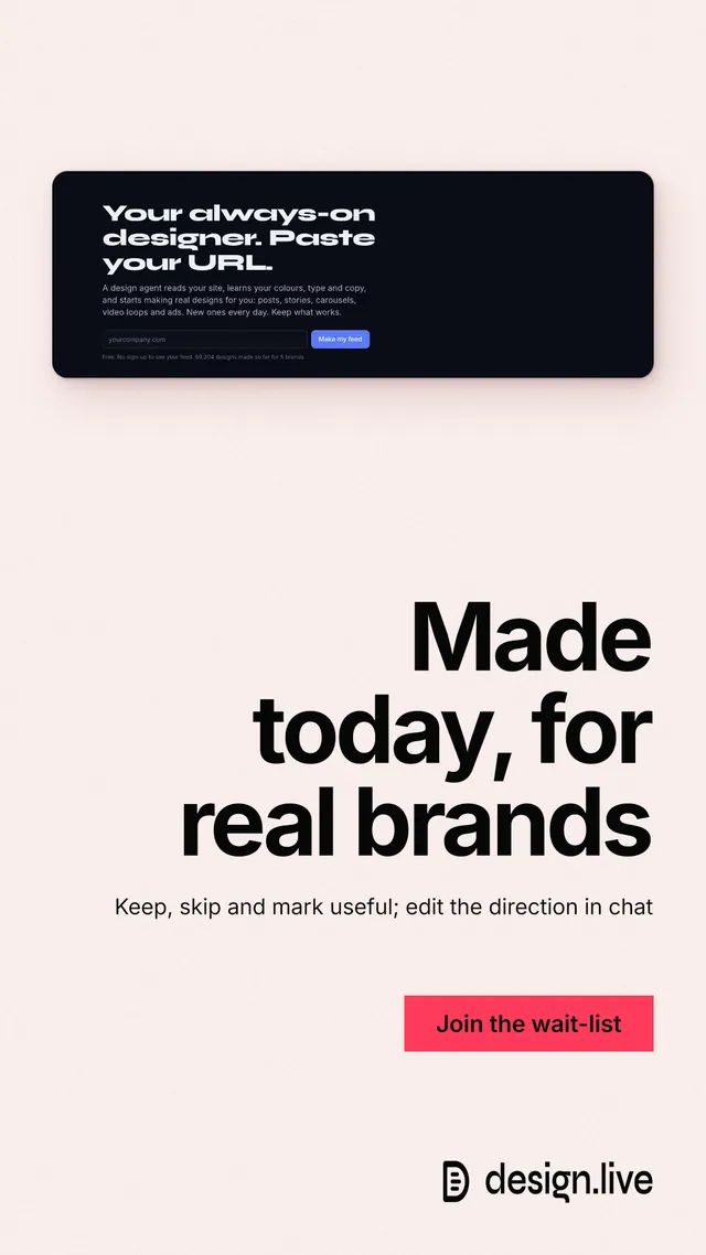 Instagram story for design.live: "Made today, for real brands". Swiss style, right layout, light palette in white, grey, red.