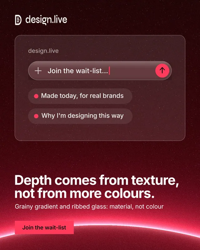 Instagram portrait post for design.live: "Depth comes from texture, not from more colours." Swiss style, bottom layout, dark palette in red, black.