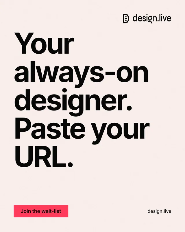 Instagram portrait post for design.live: "Your always-on designer. Paste your URL." Swiss style, poster layout, light palette in white, grey.