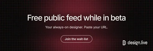 X header for design.live: "Free public feed while in beta". Phosphor atlas style, centred layout, dark palette in black, red, grey.