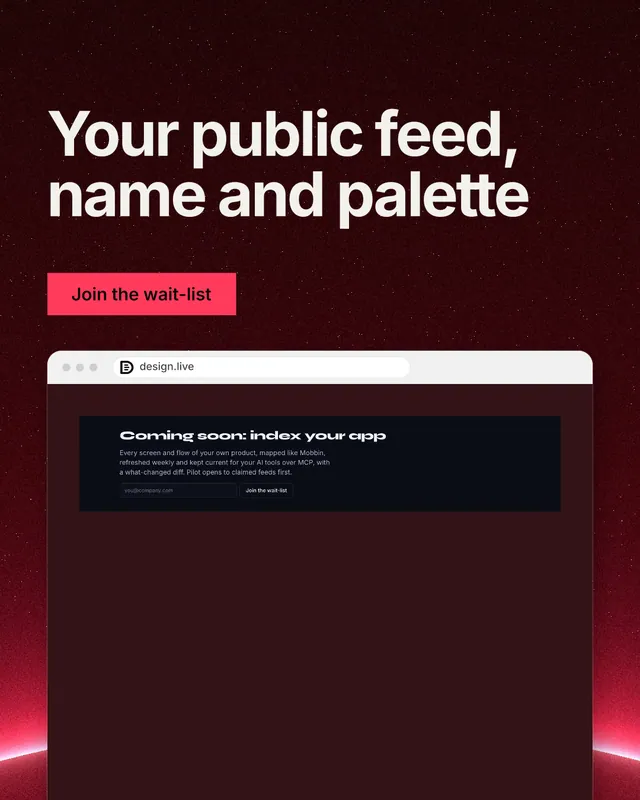 Instagram portrait post for design.live: "Your public feed, name and palette". Swiss style, browser layout, dark palette in red, black, grey.
