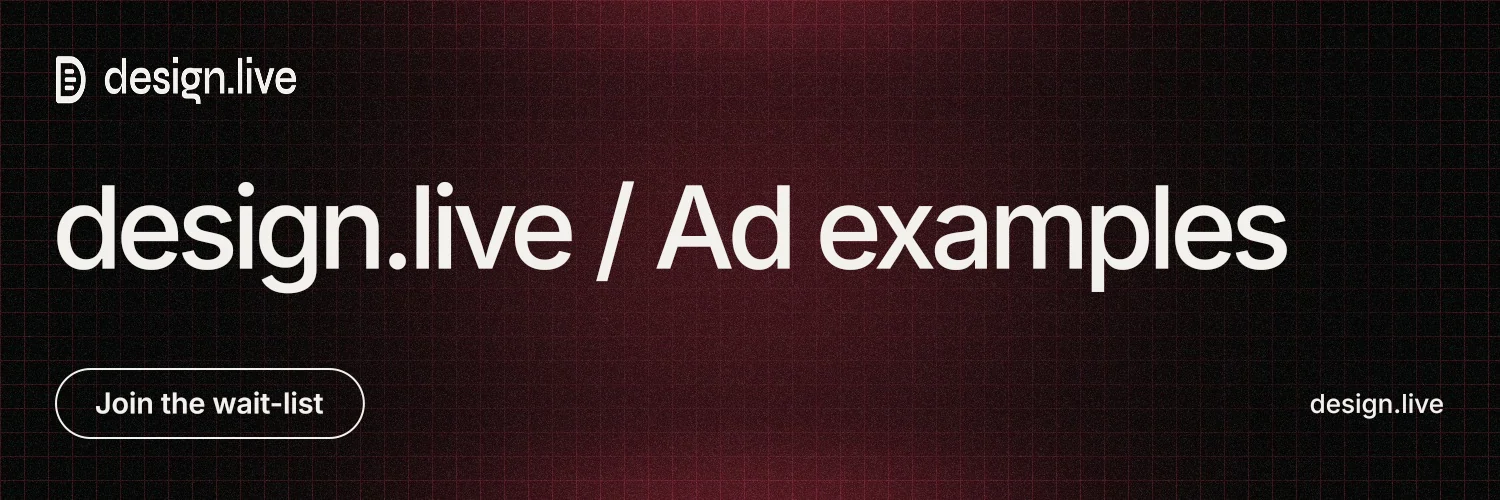 X header for design.live: "design.live / Ad examples". Phosphor atlas style, poster layout, dark palette in black, red, grey.