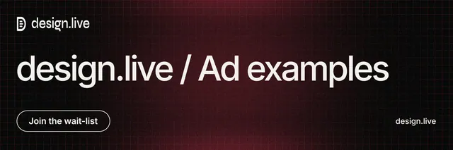 X header for design.live: "design.live / Ad examples". Phosphor atlas style, poster layout, dark palette in black, red, grey.