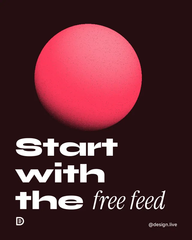 Instagram portrait post for design.live: "Start with the free feed". Auto 4x5 style, technique:shader field layout, dark palette in black, red.