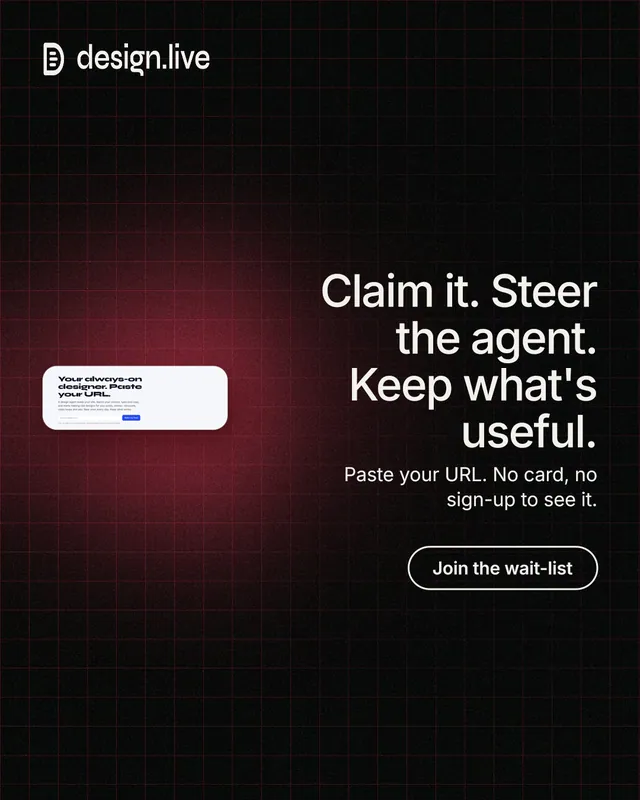 Instagram portrait post for design.live: "Claim it. Steer the agent. Keep what's useful." Phosphor atlas style, right layout, dark palette in black, grey.