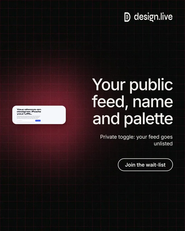 Instagram portrait post for design.live: "Your public feed, name and palette". Phosphor atlas style, right layout, dark palette in black, grey.
