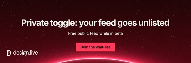 X header for design.live: "Private toggle: your feed goes unlisted". Swiss style, centred layout, dark palette in red, black.