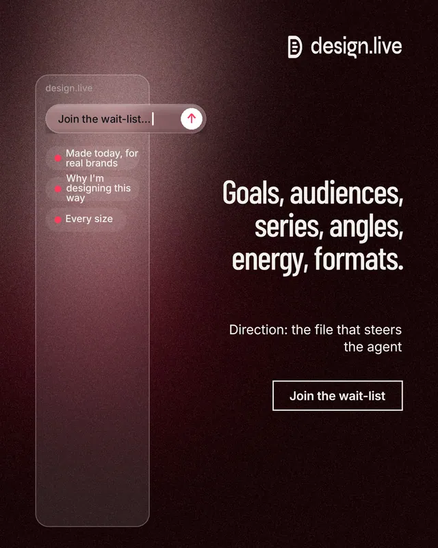 Instagram portrait post for design.live: "Goals, audiences, series, angles, energy, formats." Dark deco style, right layout, dark palette in black, red, grey.