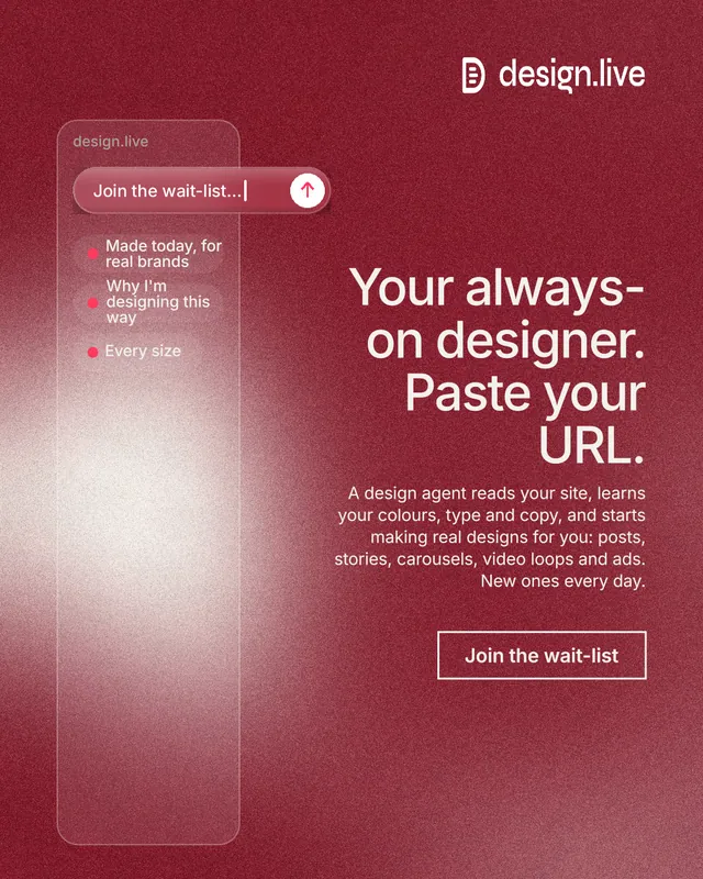 Instagram portrait post for design.live: "Your always-on designer. Paste your URL." Cyanotype style, right layout, dark palette in red.