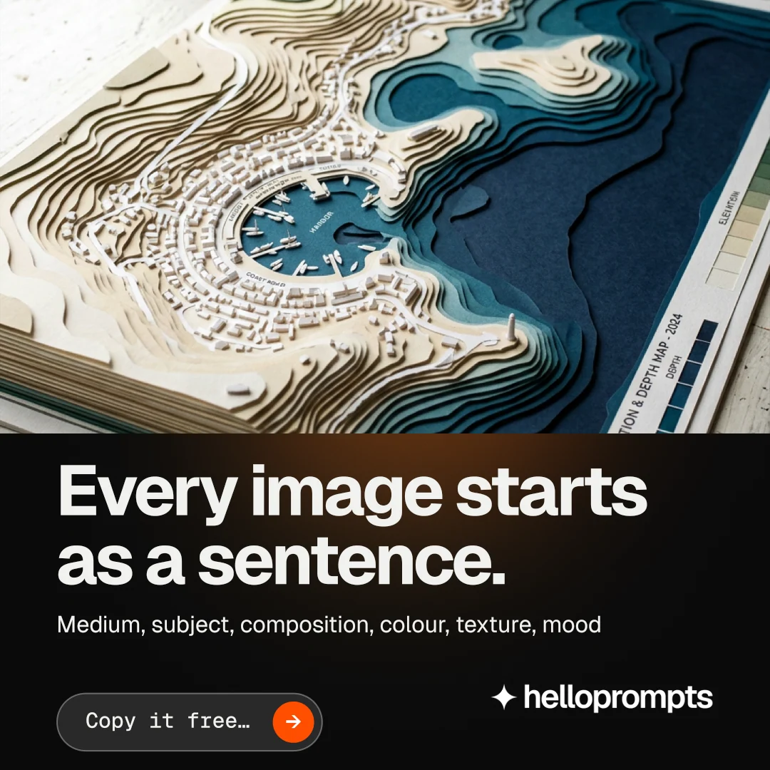 Instagram post for HelloPrompts: "Every image starts as a sentence.". Agentic glass style, bottom layout, dark palette in black, grey, orange.