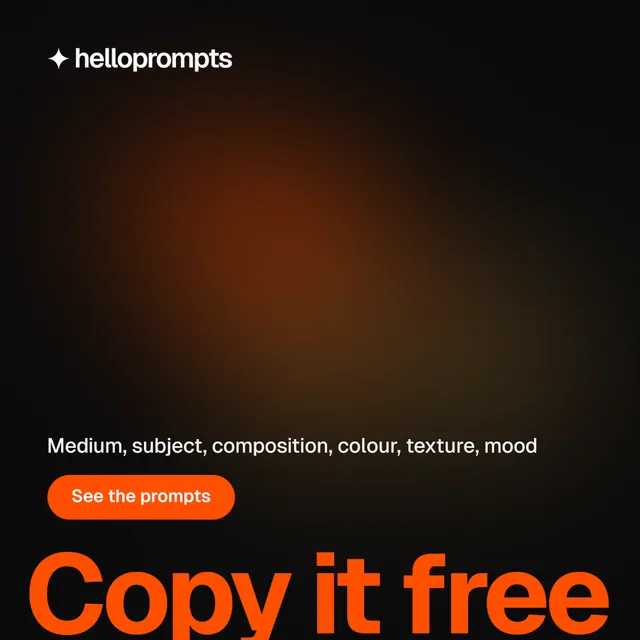 Instagram post for HelloPrompts: "Copy it free.". Y2K style, oversized layout, dark palette in black, orange.